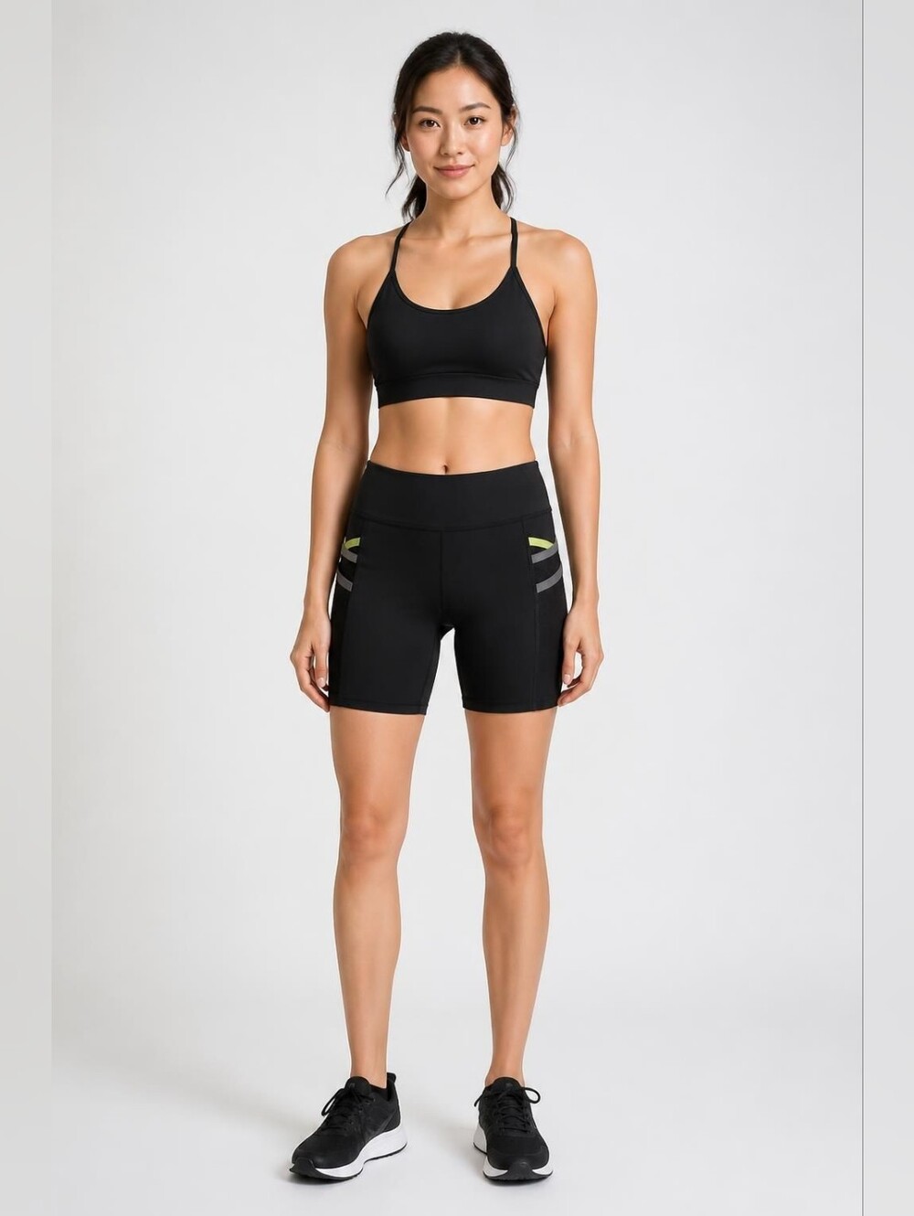Fabletics Black Athletic Bike Shorts with Lime & Gray Trim